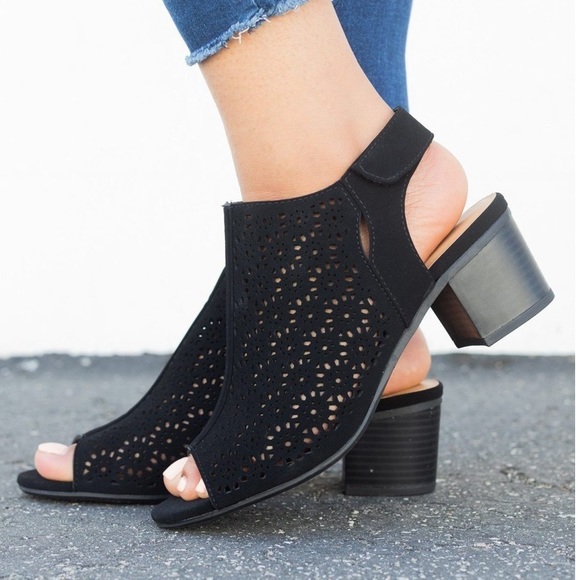 Black Floral Cut Out Perforated Peep Toe Shootie - Picture 2 of 7
